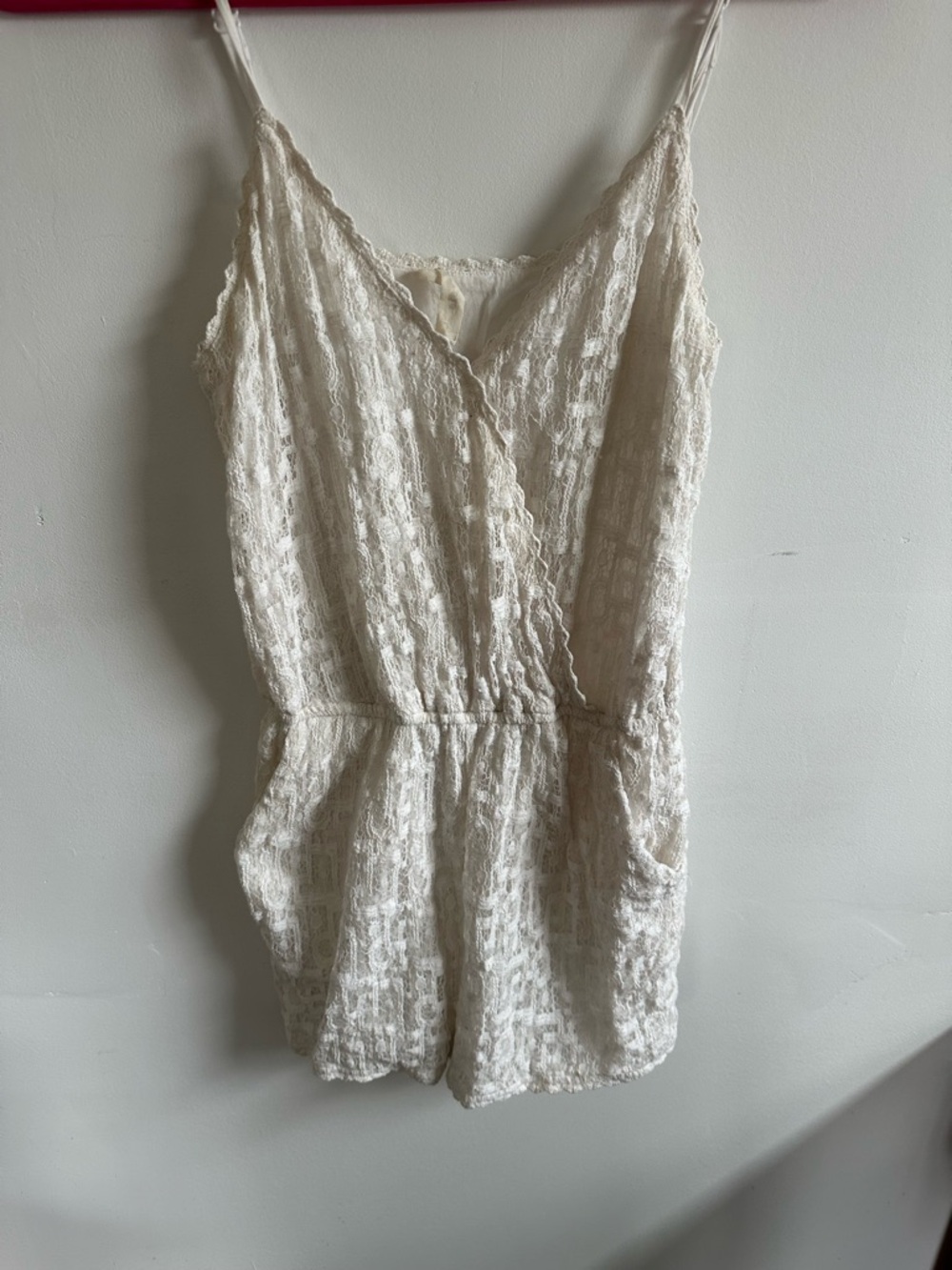 Textured Cream Lace Romper with Spaghetti Straps